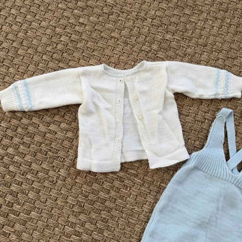 Vintage Heirloom Baby Boy’s Crylor Overalls, Cardigan & Knit Hat Baby Blue Set